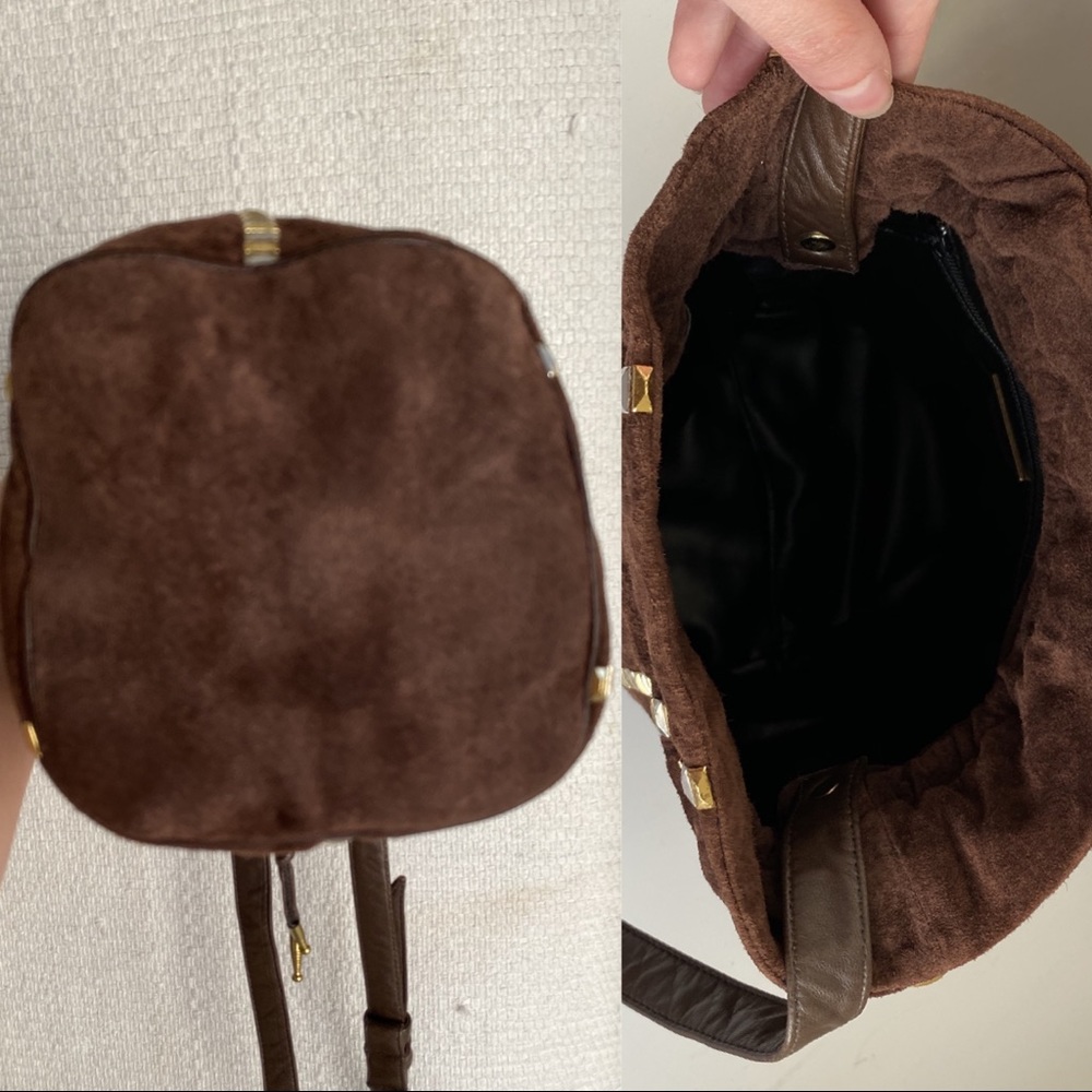 Vintage 70s Crossbody Suede Studs Bucket Bag Brown - Picture 4 of 8